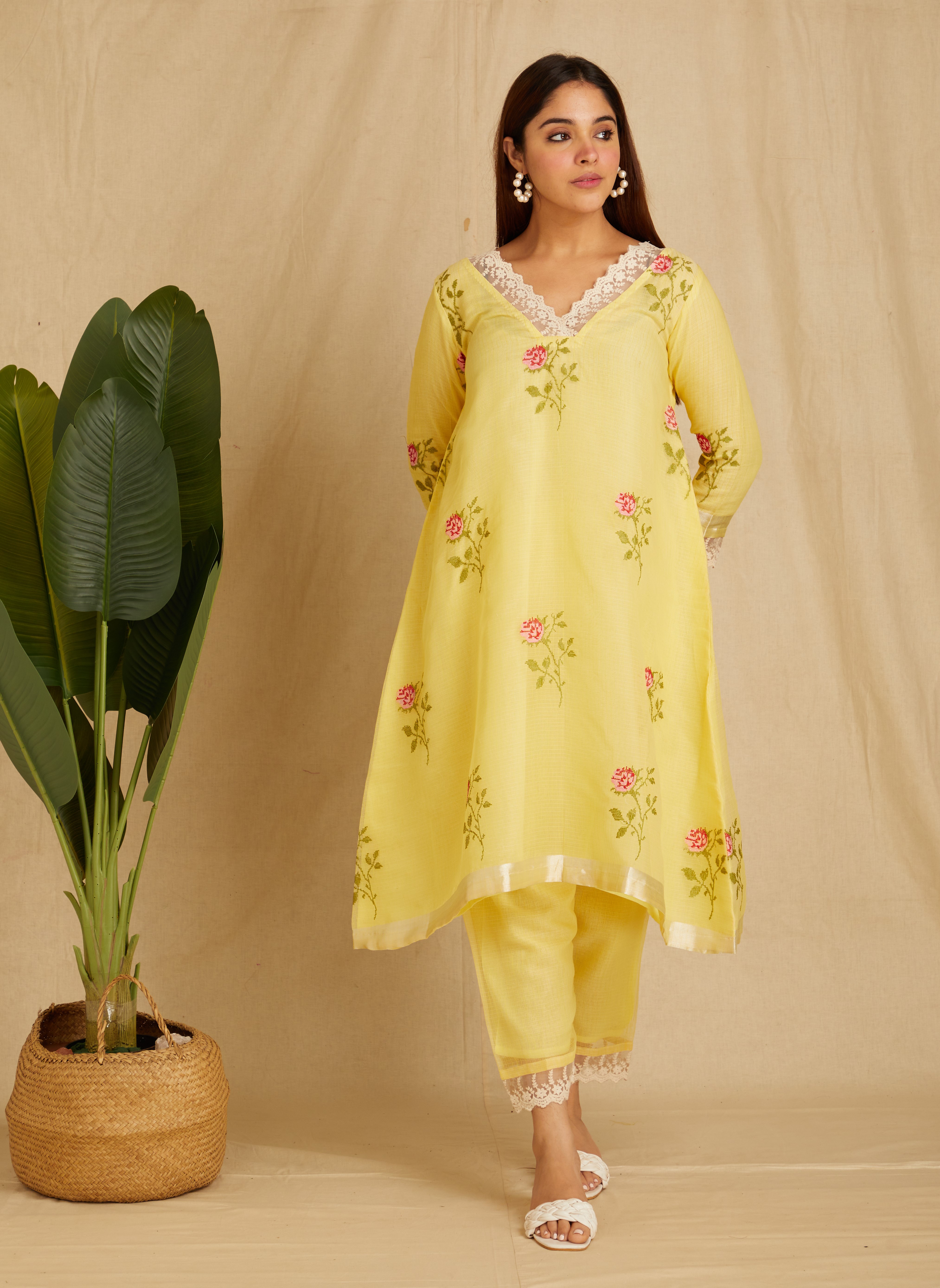TARINI: Yellow Embroidered Kota Doria Kurta Set