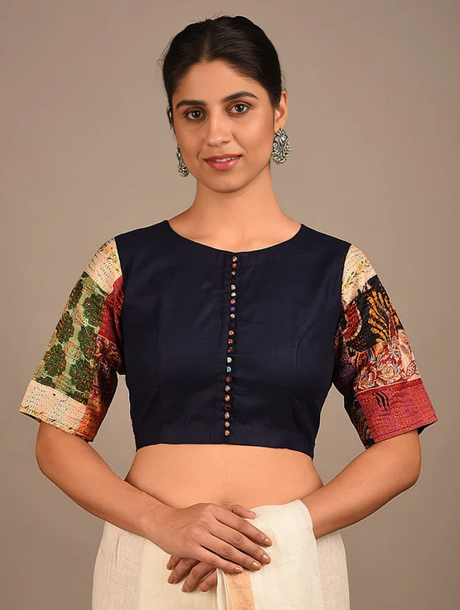 Navy Kantha Saree Silk Blouse
