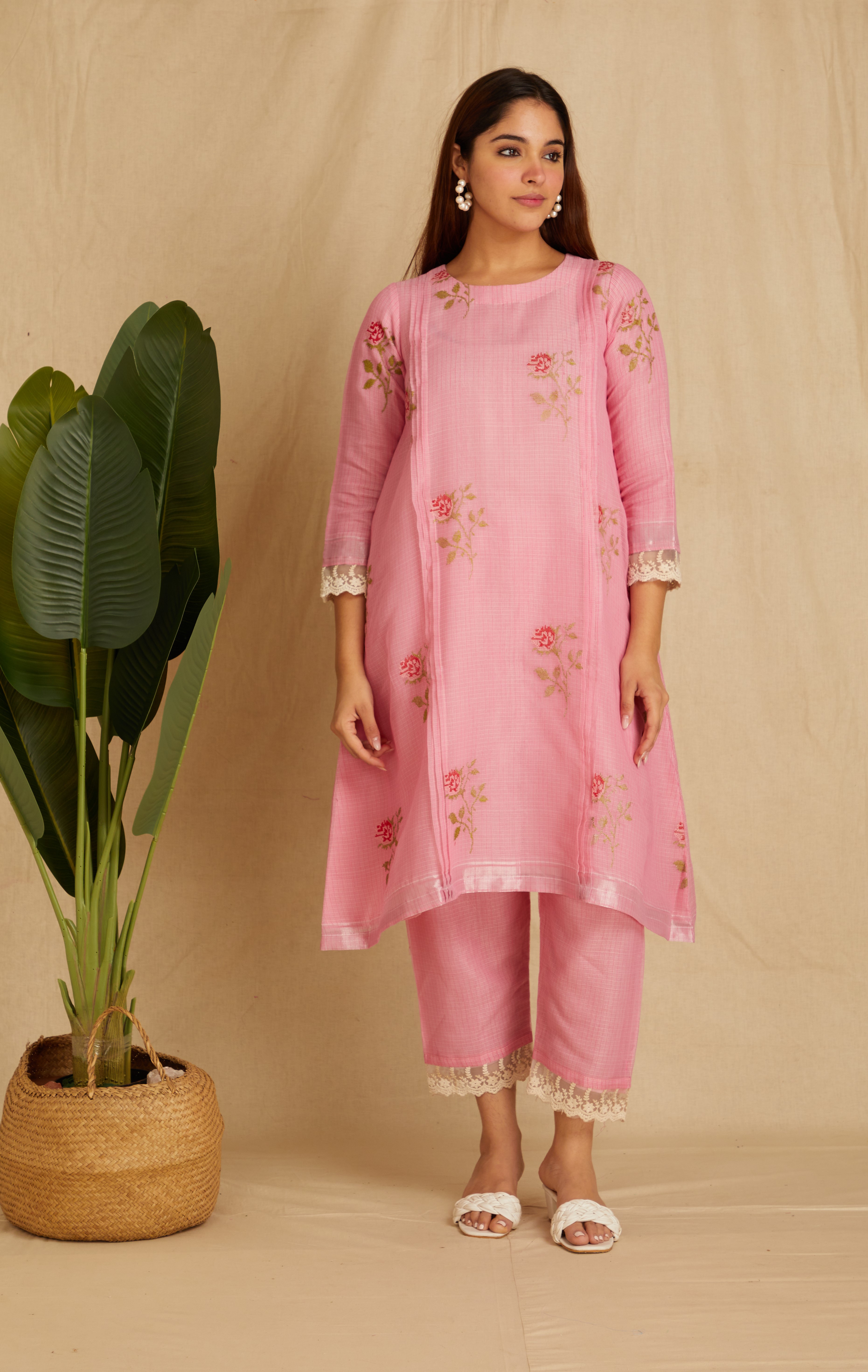 KANIRA: Pink Embroidered Kota Doria Kurta Set