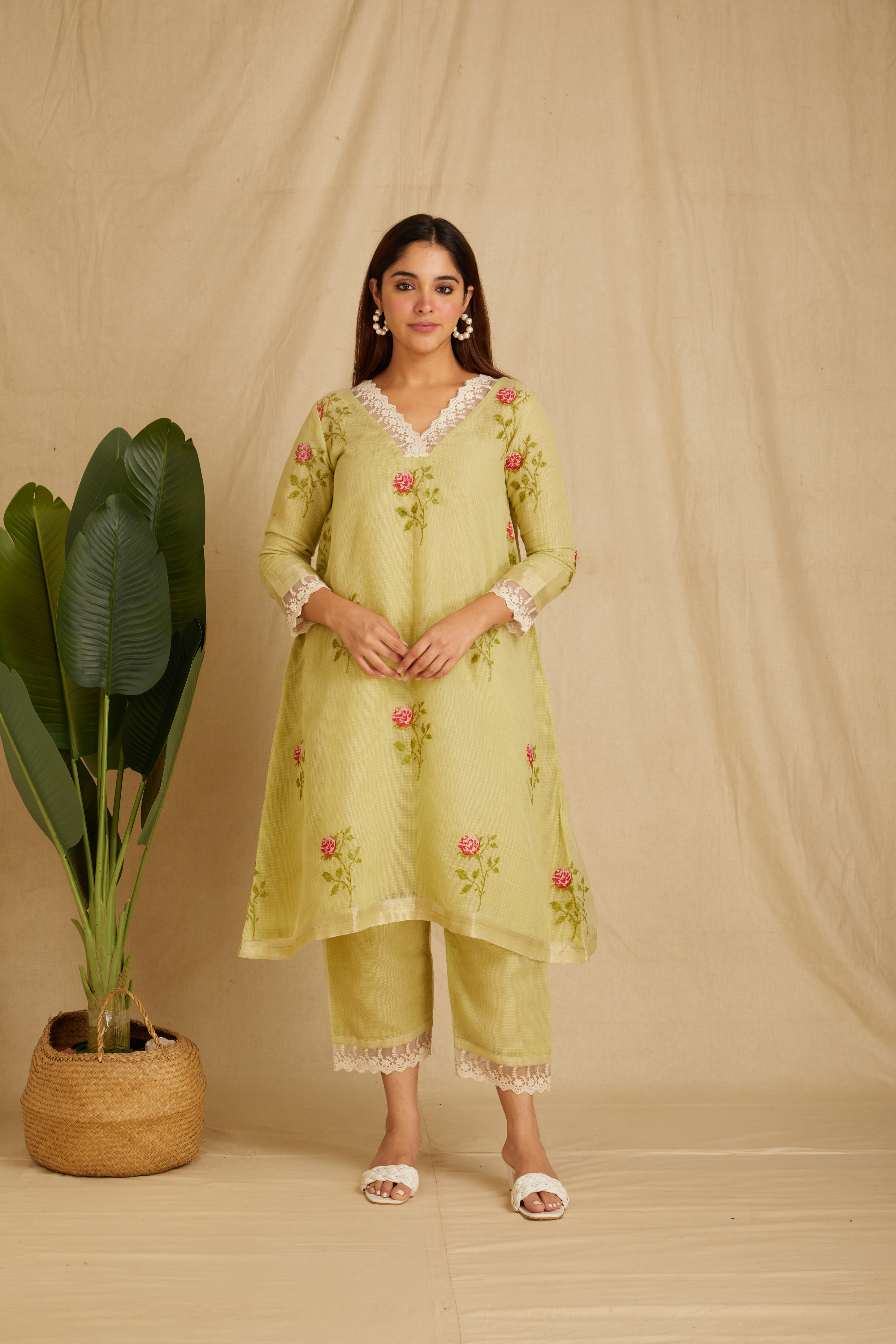 HANITA: Green Embroidered Kota Doria Kurta Set