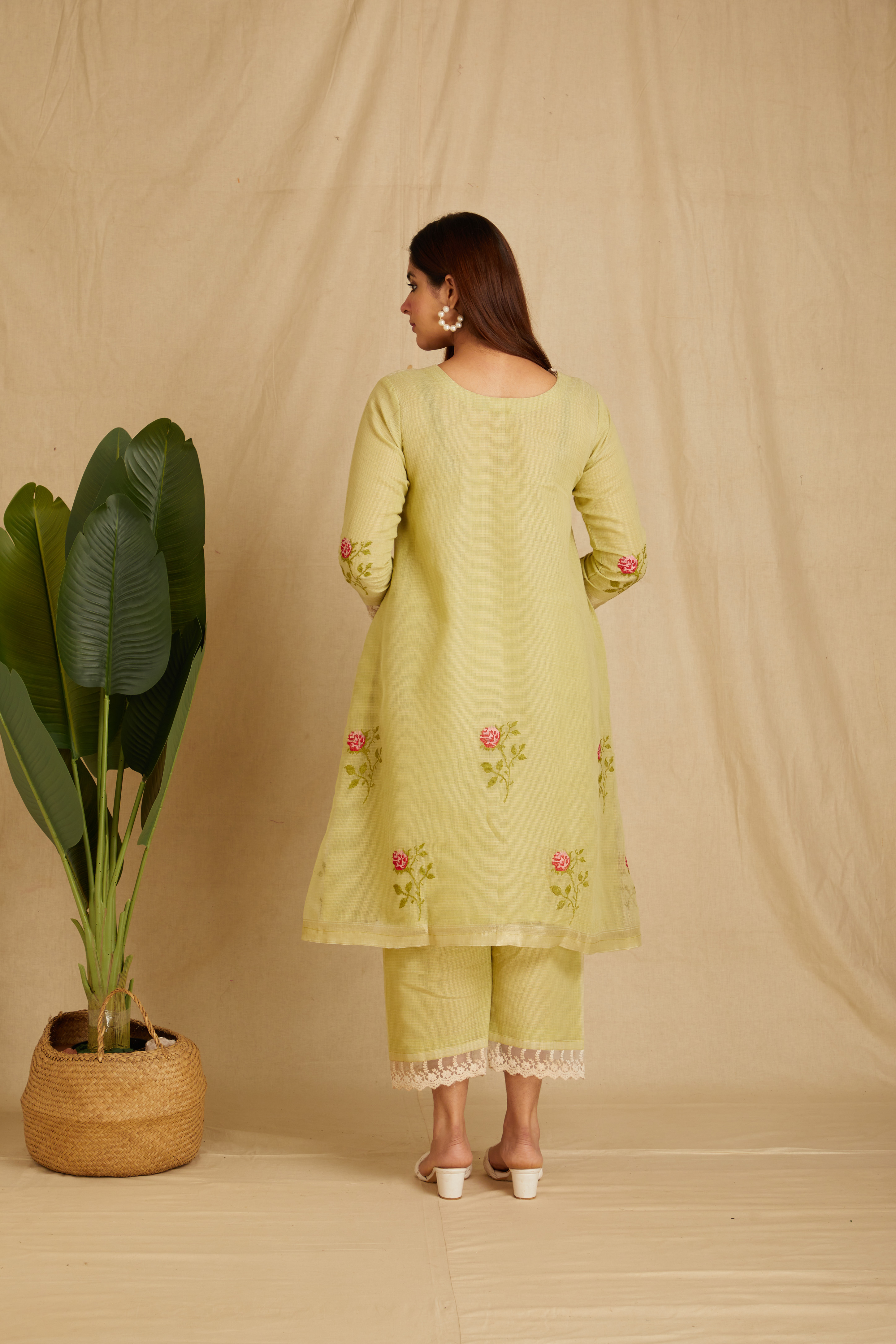 HANITA: Green Embroidered Kota Doria Kurta Set