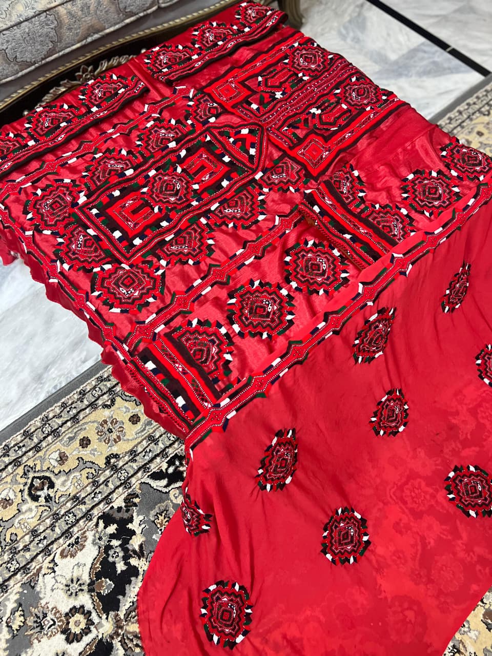 Traditional Hand-Embroidered Red Fabric