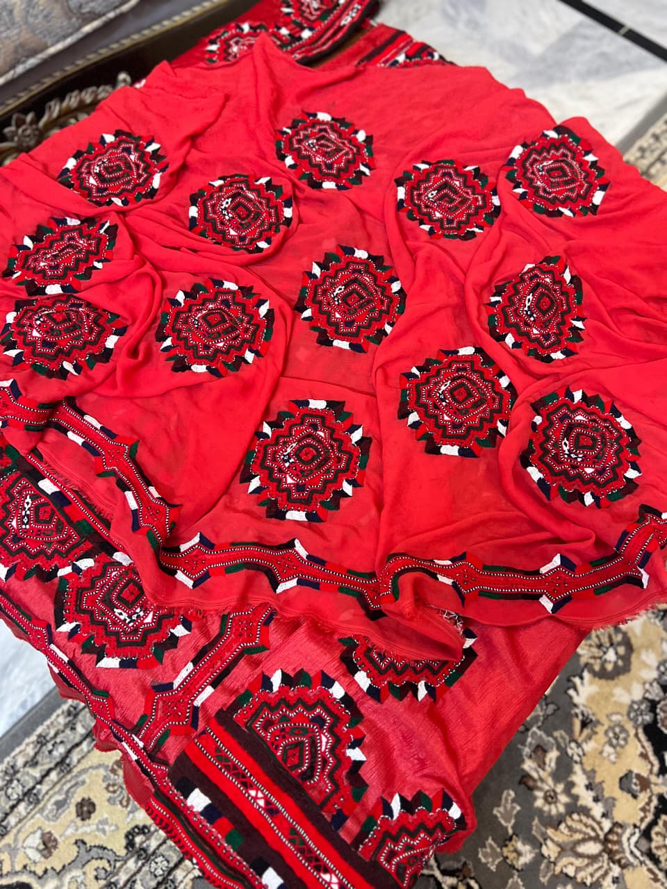 Traditional Hand-Embroidered Red Fabric