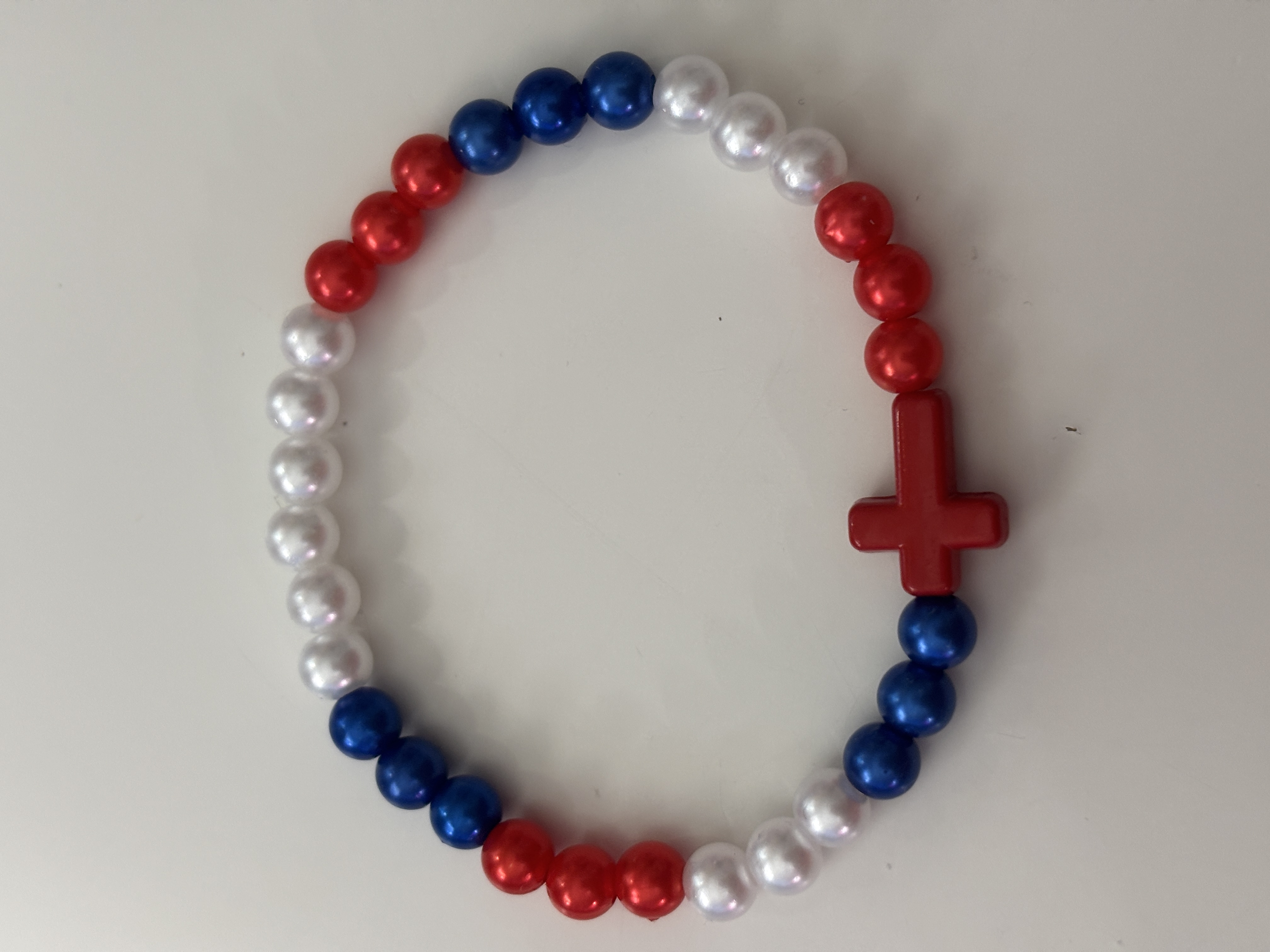 Patriotic Beaded Bracelet with Red Cross