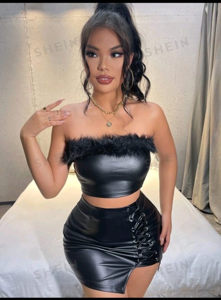 Conjunto de top y falda negra de cuero sintético