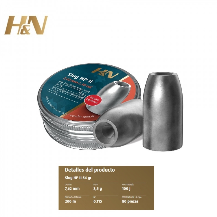Balines H&N Slug HP II cal.7,62 mm /.301'' - Lata de 80 balines de 3'50 g.