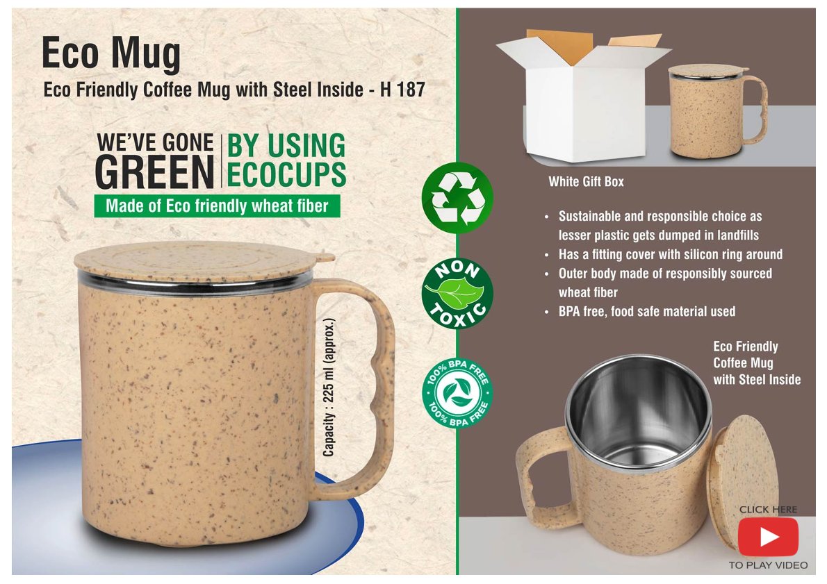 Eco-friendly Coffee Mug with Steel Inside   (225 ml Approx.) 