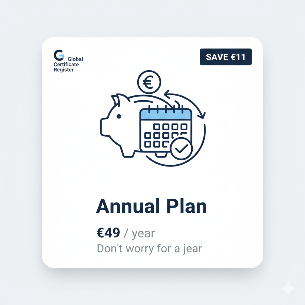 Yearly Plan  €49 / year (One-time annual payment).