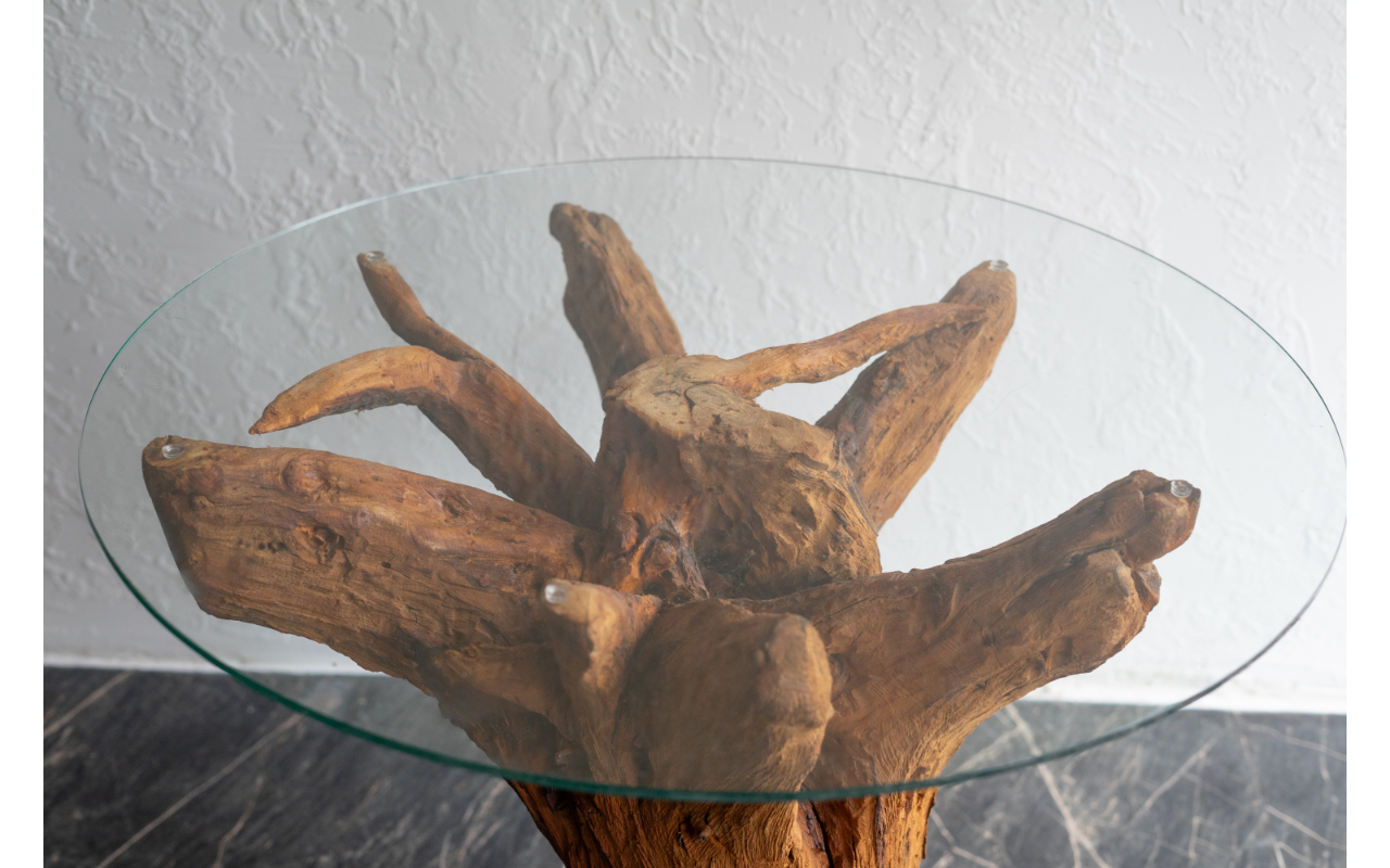 Natūralios šaknies kavos staliukas su stiklo viršumi