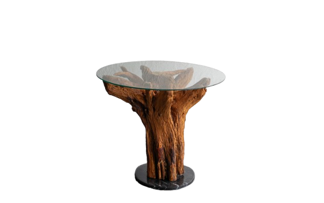 Natūralios šaknies kavos staliukas su stiklo viršumi