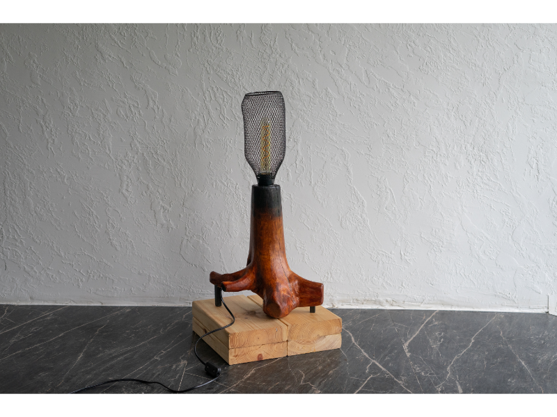 Modernus stalo šviestuvas iš medžio šaknies