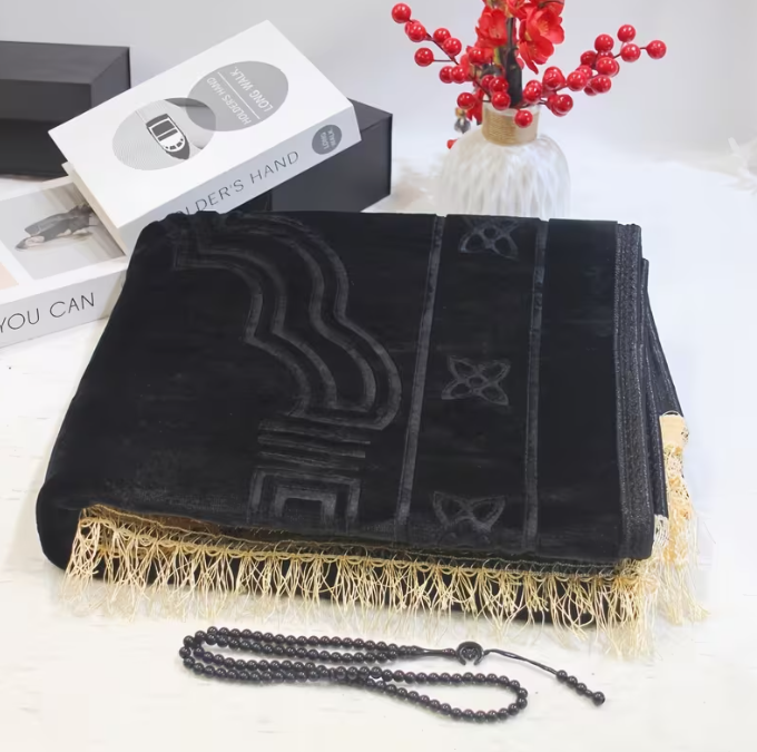 Tapis de prière 80×120 cm en velours épais — Tasbih offert (perles)