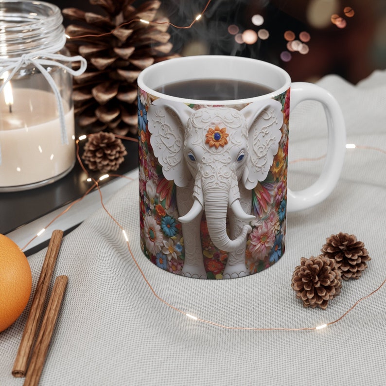 3D Image White Elephant Flowers Coffee Mug, 3D Elephant Mug, 3D White Flowers Mug, Floral Mug, 11oz Coffee Mug