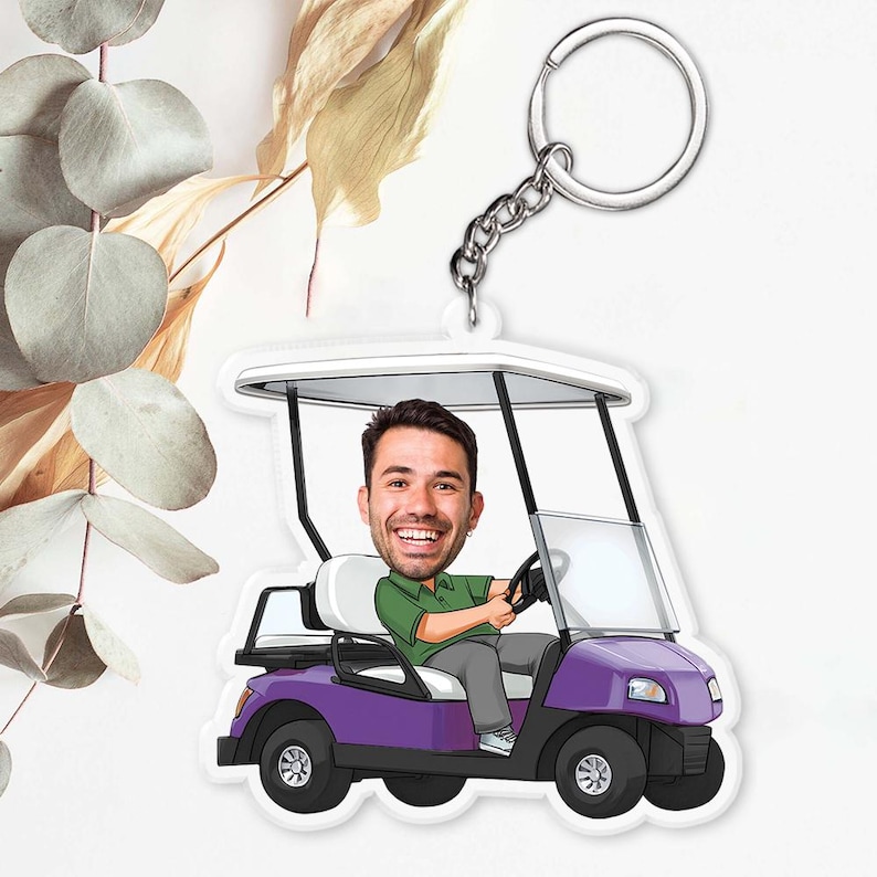 Personalized Photo Golf Cart Keychain, Gift For Dad, Father, Grandpa, Golfer, Golf Lover, Idea First Acrylic Charm Keyring Gift