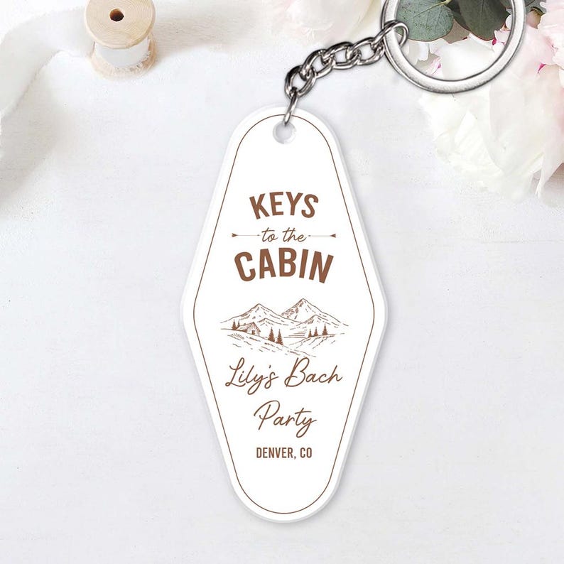 Custom Bachelorette Cabin Party Keychain, Personalized Motel Keyring, Camping Batch Weekend Favor Charm, Custom Acrylic Gift Camping Trip
