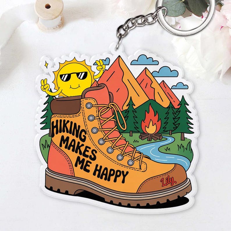 Personalized Hiking Makes Me Happy Acrylic Keychain, Travel Wanderlust Keyring, Camping Keychain For Outdoor Lovers, Groovy Funny Gift