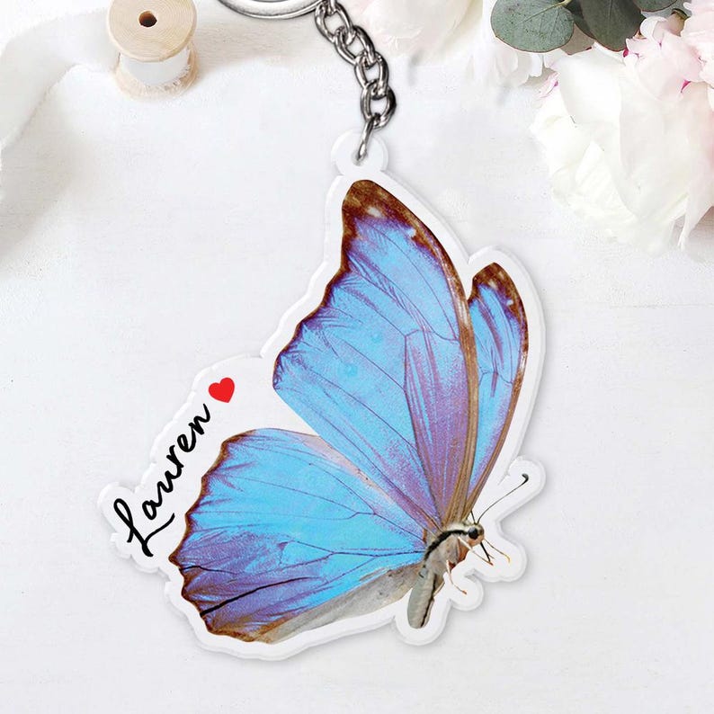 Personalized Blue Butterfly Keychain, Insect Acrylic Accessories, Handmade Bag Key Car Charm, Gift For Nature Lovers