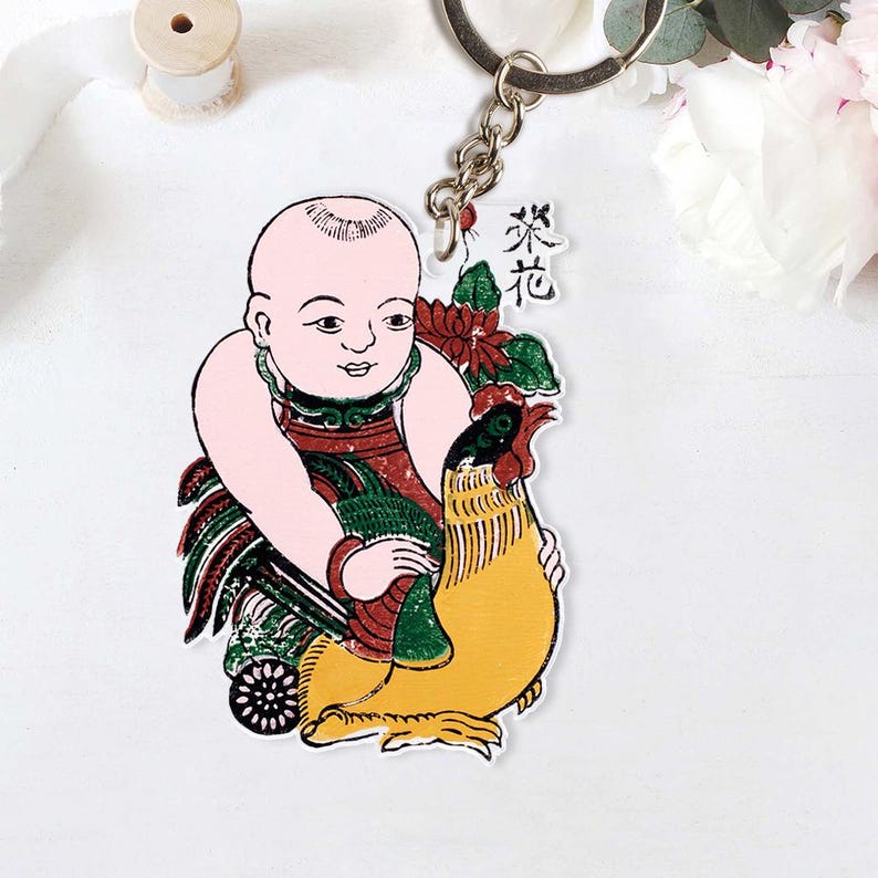 Vietnamese ?ng H? Folk Painting Keychain, Baby Holding A Chicken Acrylic Keychain, ?ng H? Artwork Gift, Vietnamese Traditional Keyring