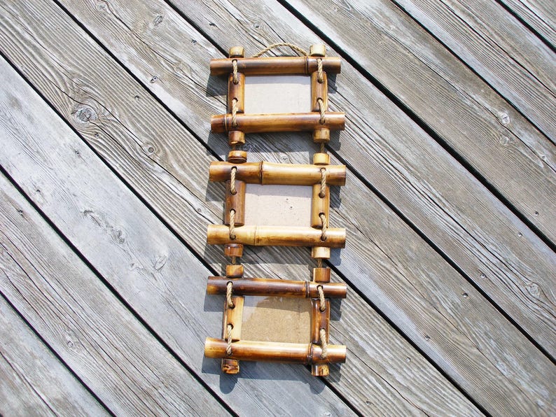 Bamboo wood picture frame, Photo frame, Triple photo frame, Hanging photo frame, Photo display, Frames set with jute rope, Hanger Home decor