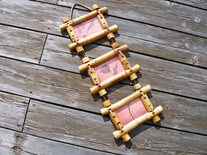 Triple photo frame, Bamboo wood picture frame, Photo frame, Hanging photo frame, Photo display, Frames set with jute rope, Hanger Home decor