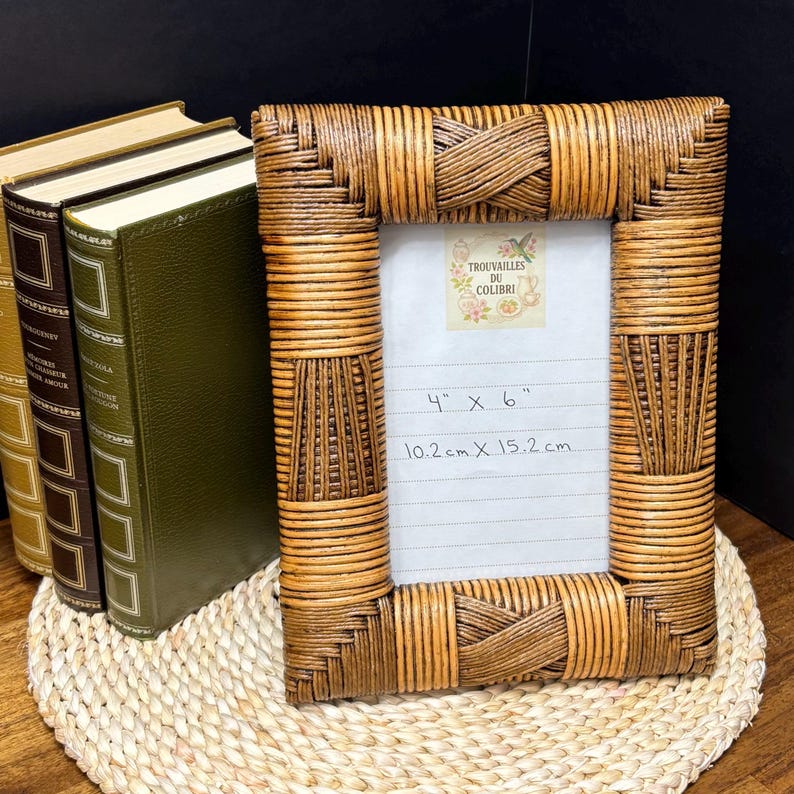 Vintage rattan and bamboo photo frame by Pier 1 Imports, Mid-Century Modern boho style, 4x6 format, chic natural decor