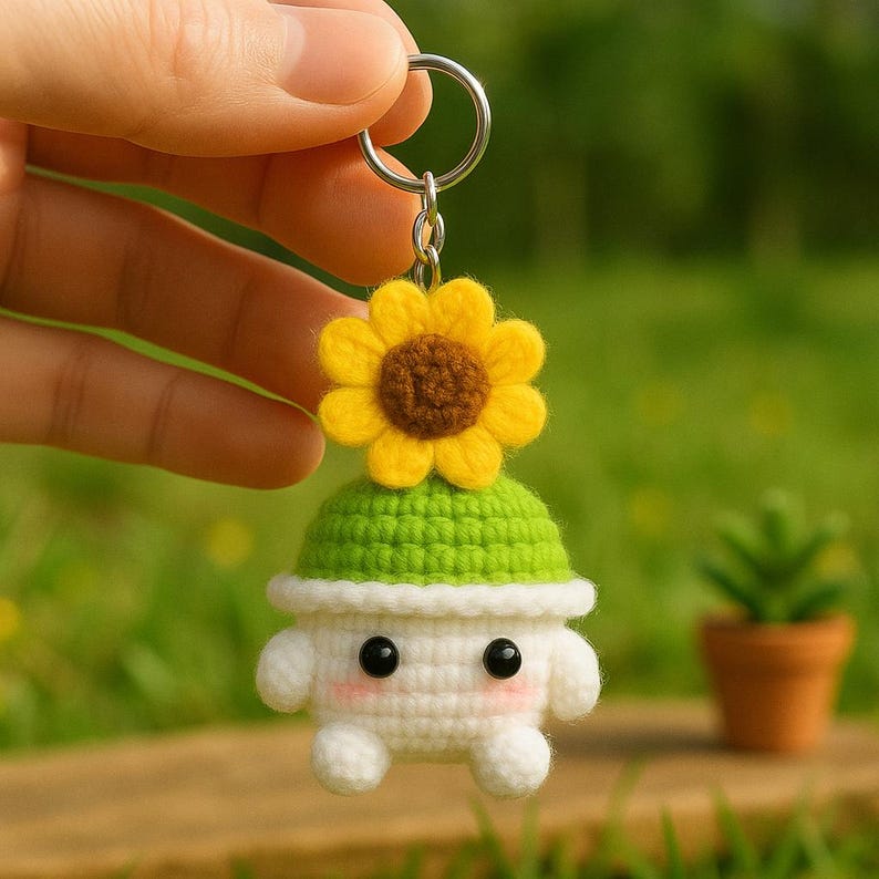 Crochet Mushroom Keychain: Handmade Amigurumi with Sunflower Hat