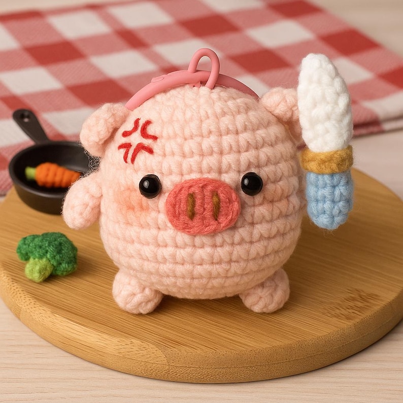 Crochet Pig Keychain: Handmade Angry Pink Amigurumi with Sword