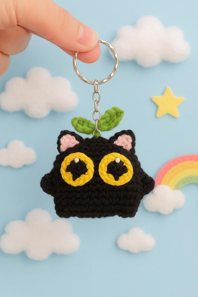 Handmade Crochet Black Cat Keychain | Kawaii Amigurumi with Leaf