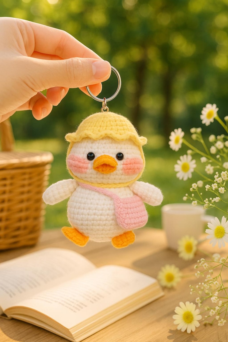 Crochet Duck Keychain: Handmade Amigurumi School Bag Charm
