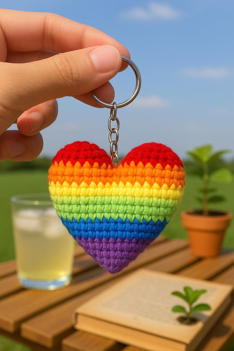Crochet Rainbow Heart Keychain: Handmade Cotton Amigurumi Charm