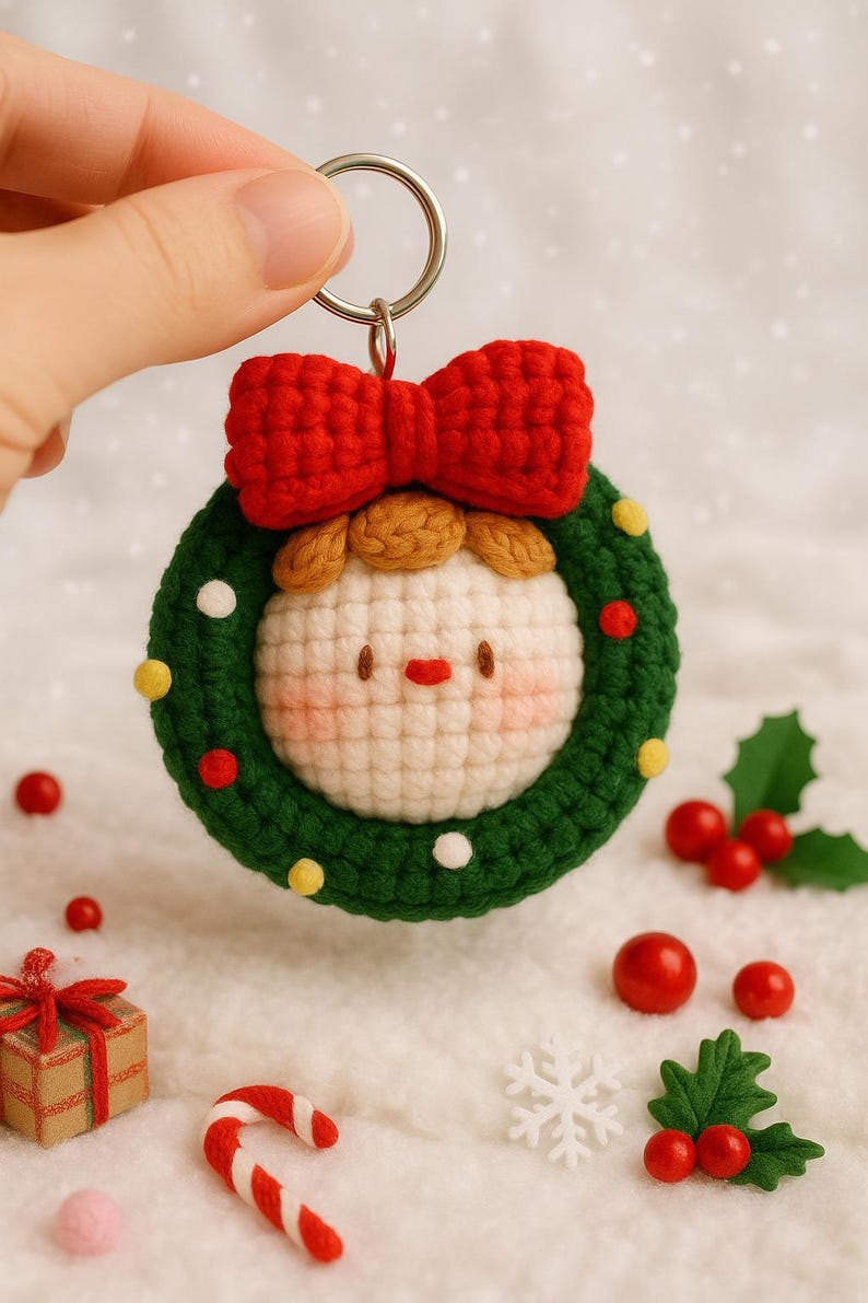 Crochet Christmas Wreath Keychain: Handmade Amigurumi Holiday Charm