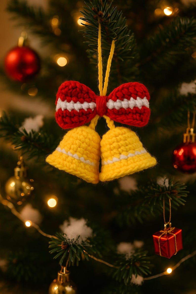 Crochet Christmas Bell Ornament | Handmade Yellow Bells with Red Bow