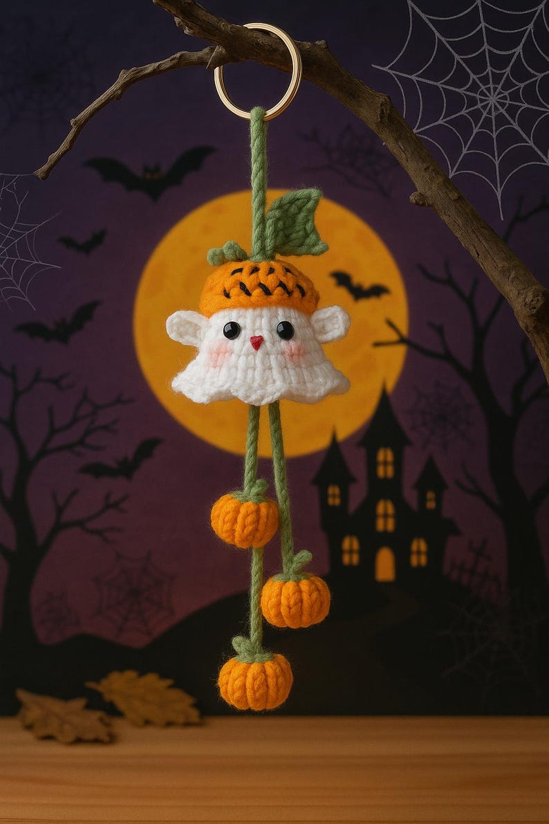 Crochet Ghost Keychain with Pumpkin Hat: Handmade Halloween Charm