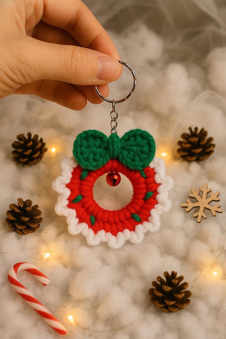 Handmade Crochet Christmas Wreath Keychain: Holiday Ornament with Bow & Bell