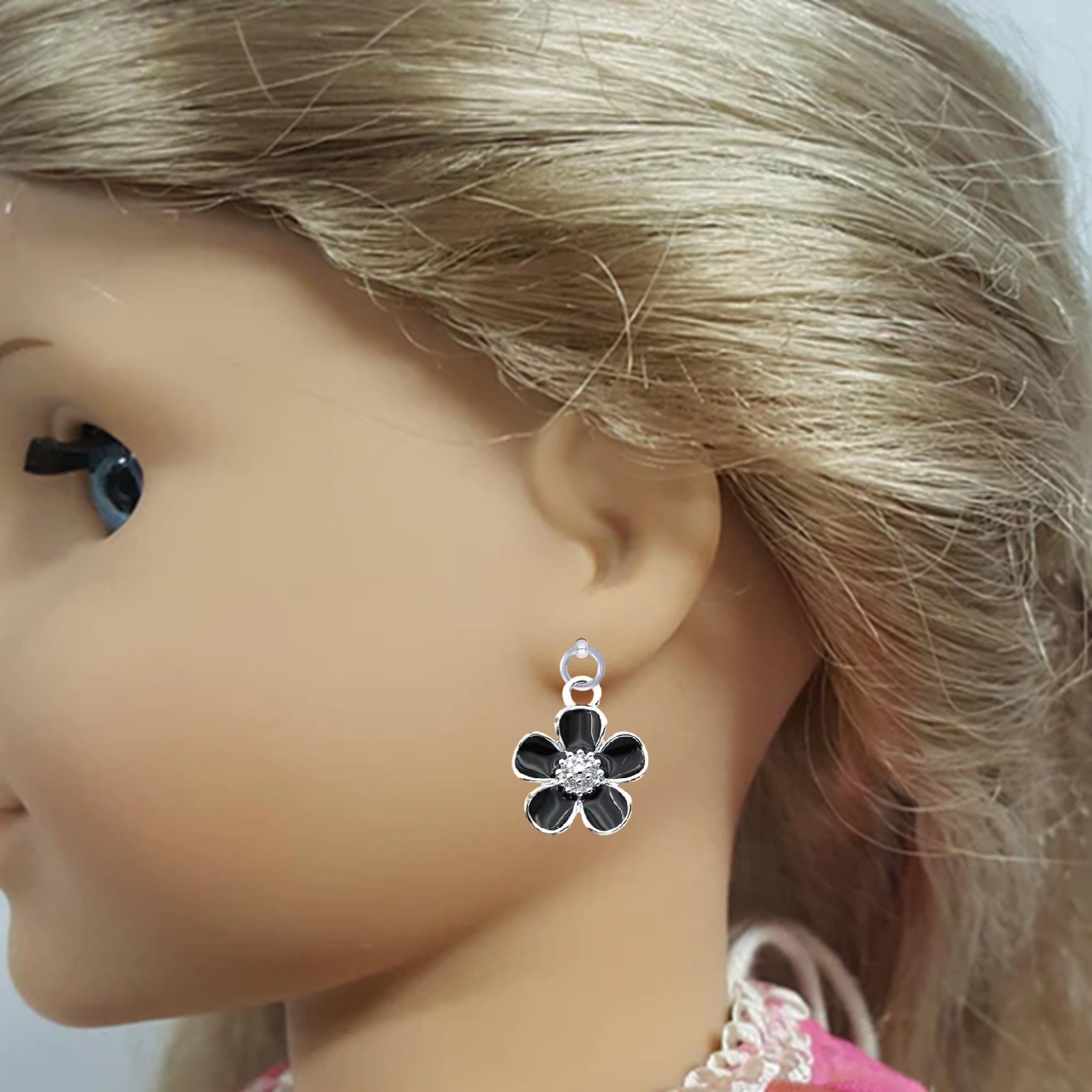 Black Geranium Flowers with Silver Trim Drop Earrings