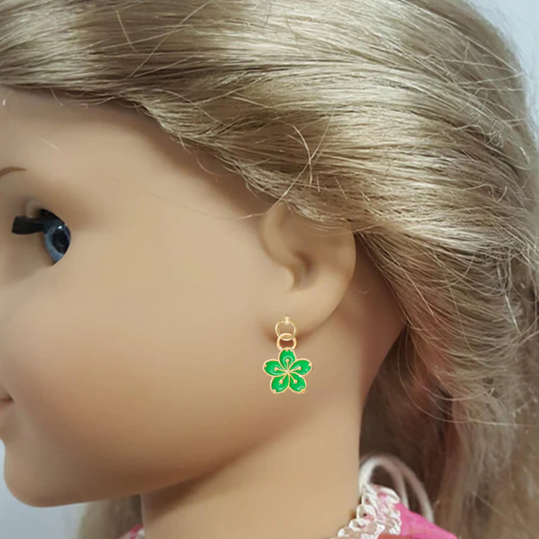 Green Sakura Flowers with Silver or Gold Trim Drop Earrings for 18 inch Dolls with 2MM Drilled Holes