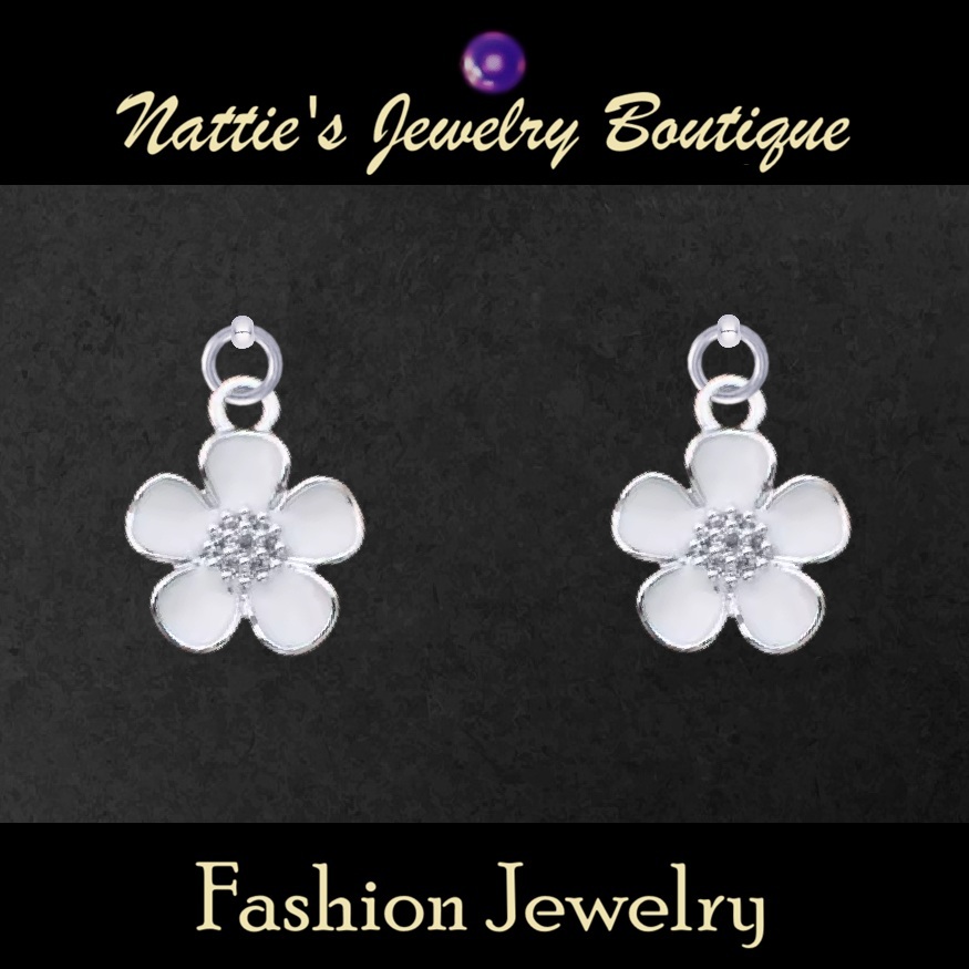 White Geranium Flowers with Silver Trim Drop Earrings