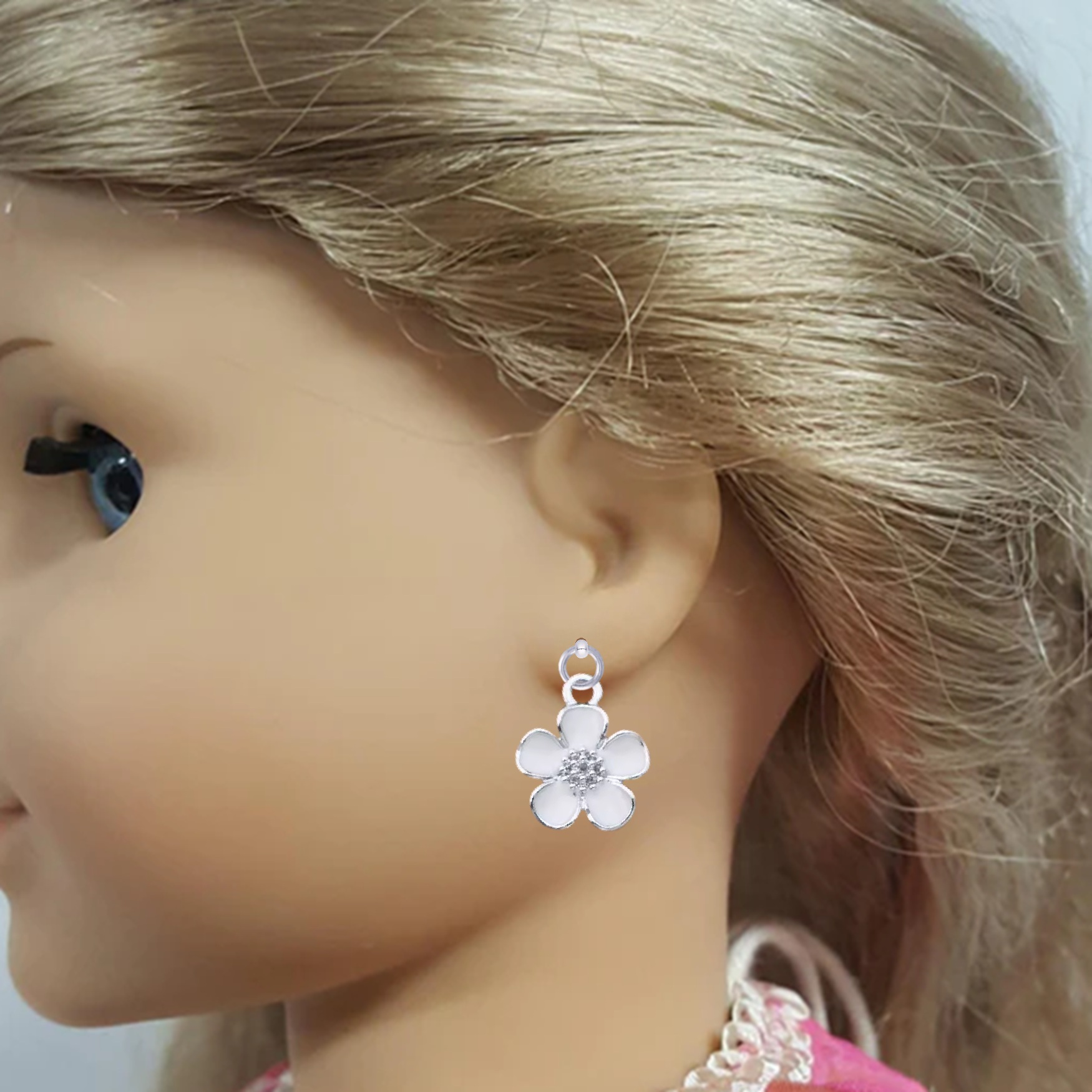 White Geranium Flowers with Silver Trim Drop Earrings