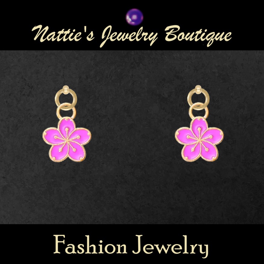 Hot Pink Sakura Flowers with Gold Trim Drop Earrings for 18 inch Dolls with 2MM Drilled Holes