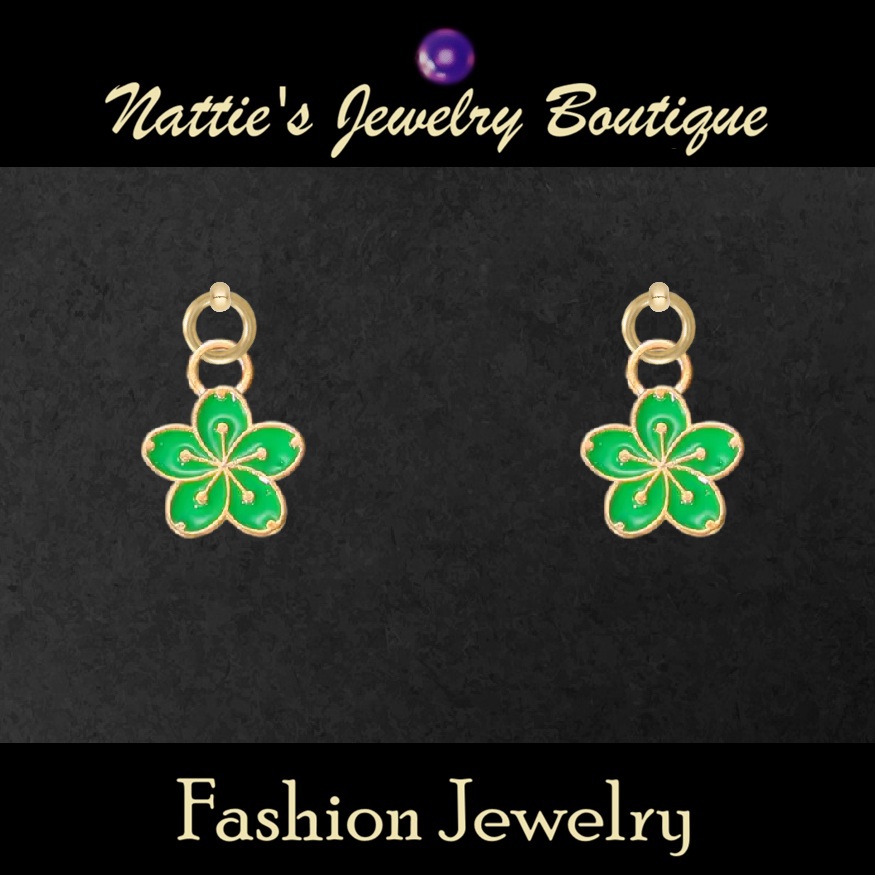 Green Sakura Flowers with Silver or Gold Trim Drop Earrings for 18 inch Dolls with 2MM Drilled Holes
