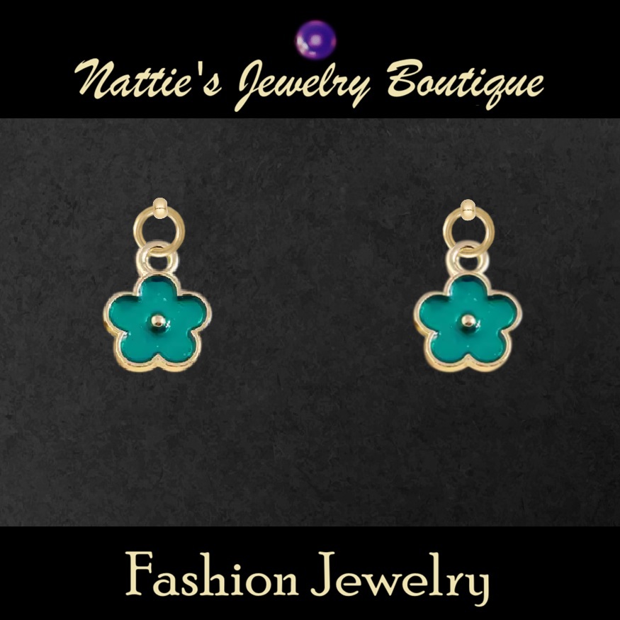 18" Doll Teal Periwinkle Flower with Gold Trim Drop Earrings