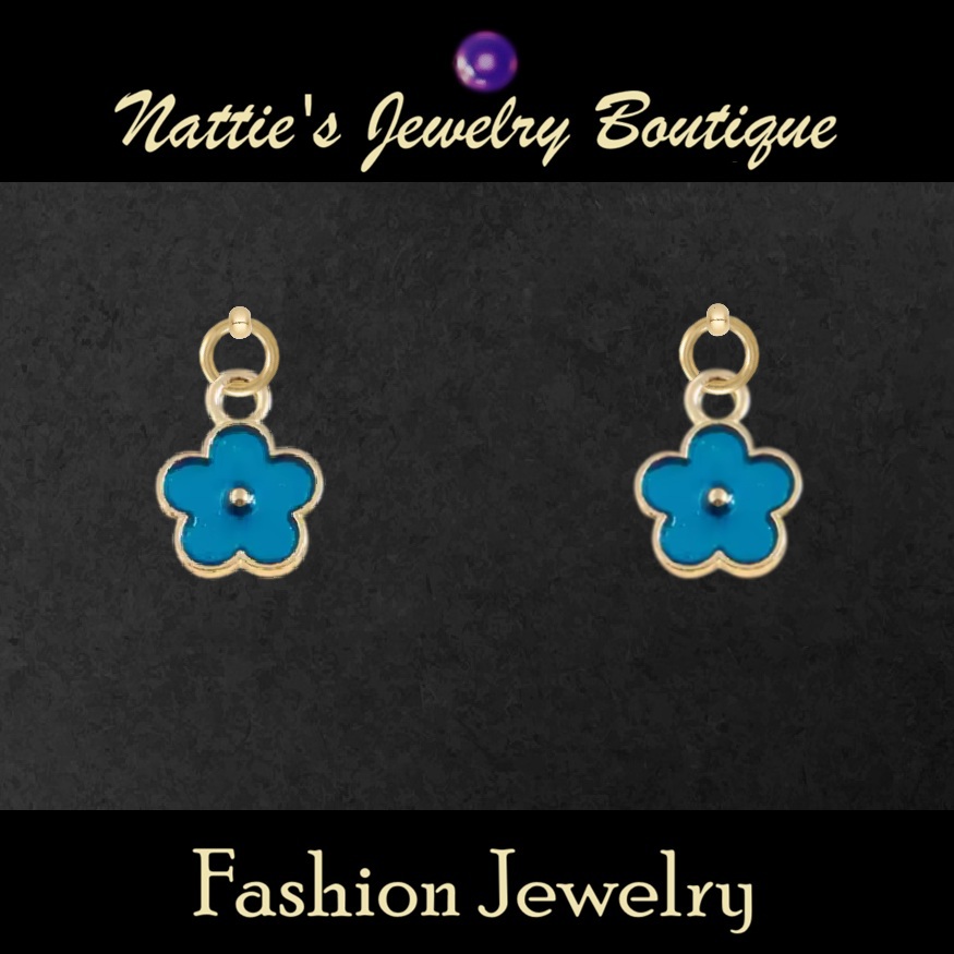18" Doll Blue Periwinkle Flower with Gold Trim Drop Earrings