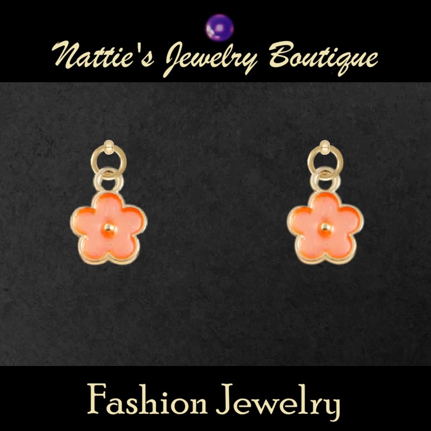 18 " Doll Peach Periwinkle Flower with Gold Trim Drop Earrings