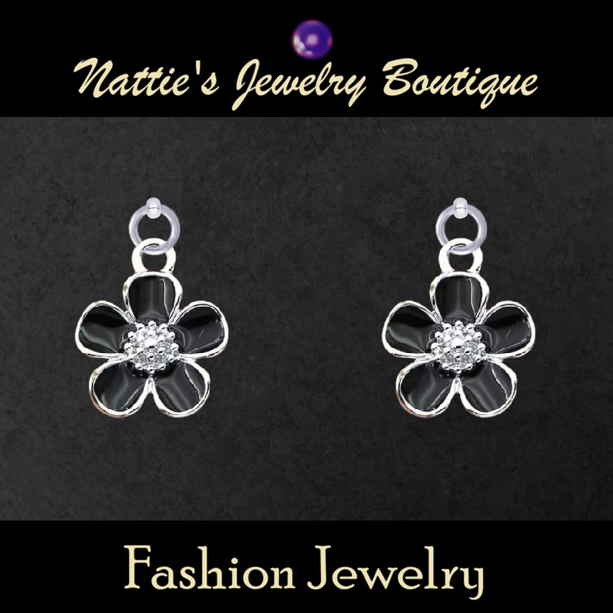 Black Geranium Flowers with Silver Trim Drop Earrings