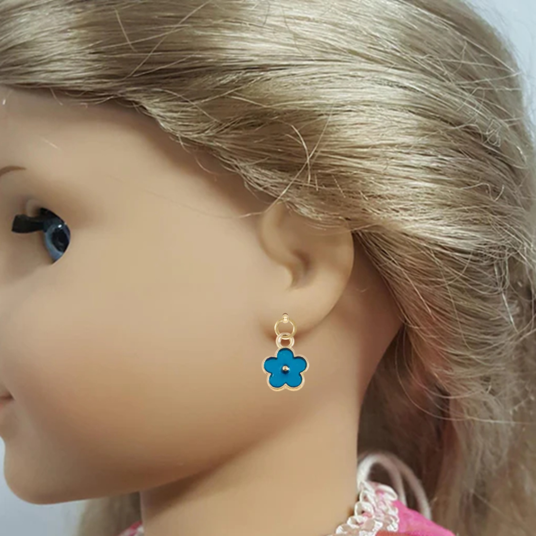 18" Doll Blue Periwinkle Flower with Gold Trim Drop Earrings