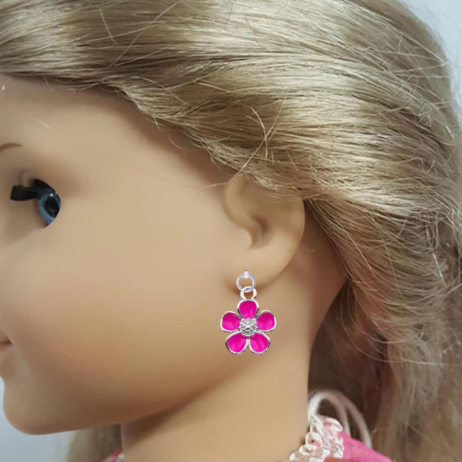 Bright Pink Geranium Flowers with Silver Trim Drop Earrings