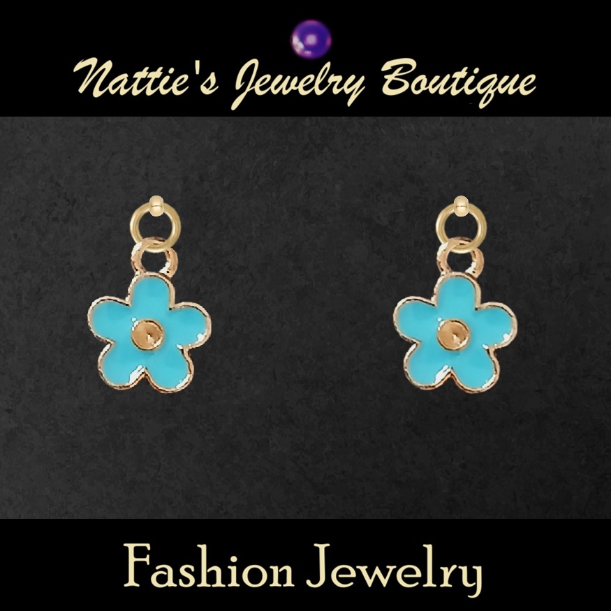 18" Doll Baby Blue Cherry Blossom Flowers with Gold Trim Drop Earrings