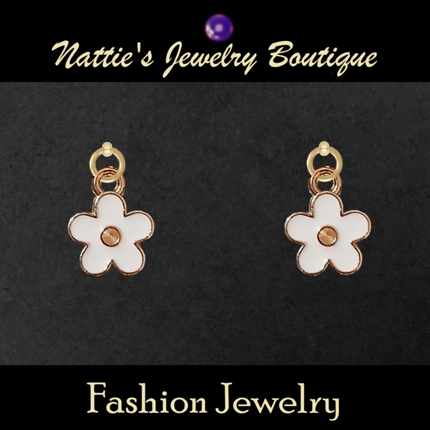 18" Doll White Cherry Blossom Flowers with Gold Trim Drop Earrings