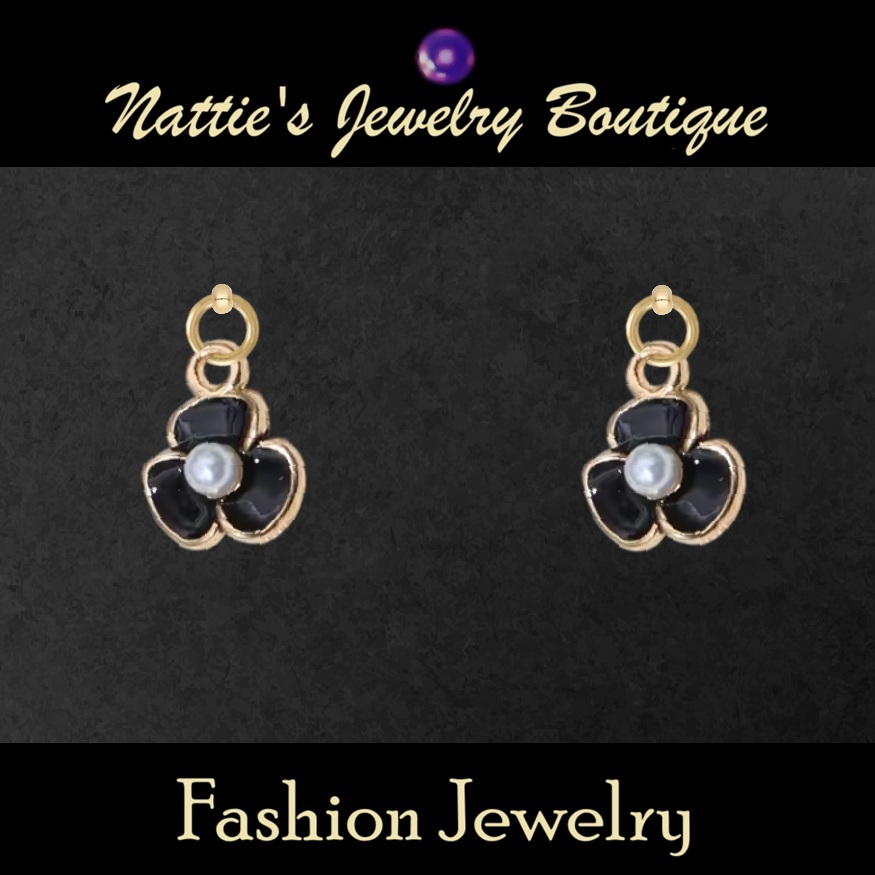Black Violet Flowers with Gold Trim Drop Earrings