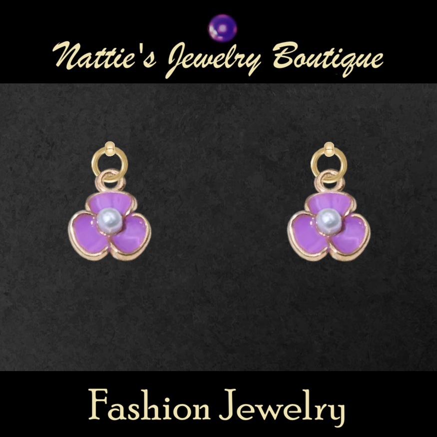 Purple Violet Flowers with Gold Trim Drop Earrings
